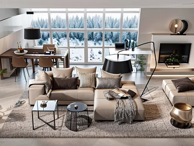 Modern Living Room Interior With Large Windows Forest View Sofa Coffee Tables And Rug 3d model