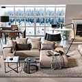 Modern Living Room Interior With Large Windows Forest View Sofa Coffee Tables And Rug