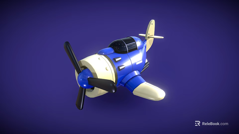 Blue and white toy fighter jet with propeller and single seat cockpit on blue background 3d model 