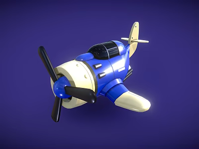 Blue and white toy fighter jet with propeller and single seat cockpit on blue background 3d model