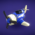 Blue and white toy fighter jet with propeller and single seat cockpit on blue background