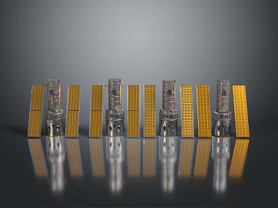 Satellite Models With Yellow Solar Panels Arranged On Gray Background With Reflections 3d model