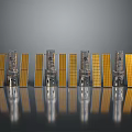 Satellite Models With Yellow Solar Panels Arranged On Gray Background With Reflections