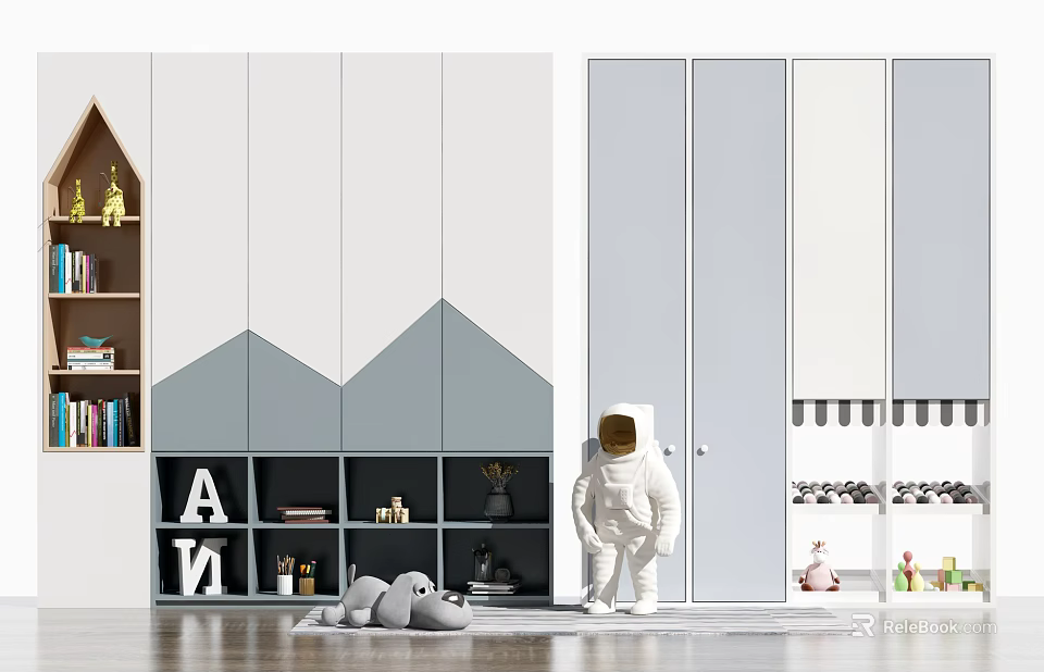 Kids Room White And Gray Wardrobe With Astronaut Figure Bookshelf And Toys 3d model 