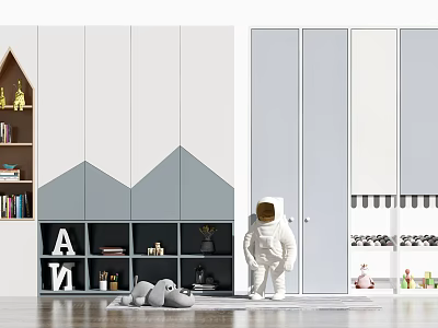 Kids Room White And Gray Wardrobe With Astronaut Figure Bookshelf And Toys 3d model