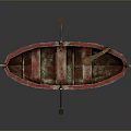 Vintage Red Wooden Boat With Oar Rope And Worn Seats On Gray Background