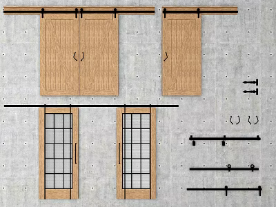 Stylish Wooden Barn Doors With Glass Panels And Sliding Hardware 3d model