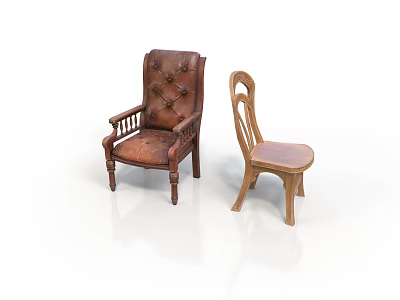 Vintage and Classic Furniture Featuring Leather Armchair and Wooden Carved Chair 3d model