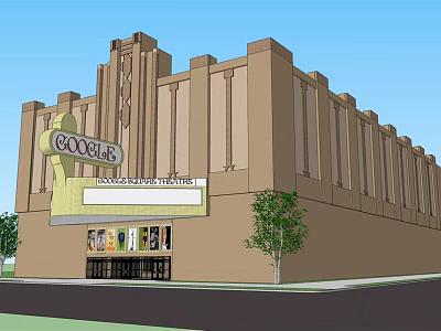 Google Movie Theater Exterior Design With Brown Facade Vertical Lines Poster Display And Trees 3d model
