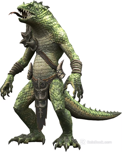 Mythical Reptilian Game Movie Character With Green Scaled Skin Sword Armor And Tail 3d model 