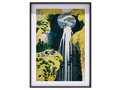 Traditional Ukiyo e Style Framed Painting With Waterfall Rocky Cliffs And Trees 3d model