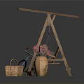 Wooden Swing Chair Setup With Blue Bicycle Plaid Basket And Terracotta Vase With Red Flowers