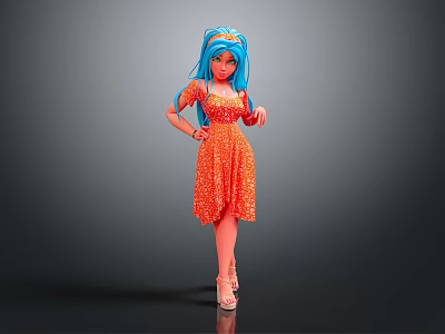 Blue Haired Female Character In Orange Dress With Adorable Creature Companion 3d model