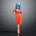 Blue Haired Female Character In Orange Dress With Adorable Creature Companion