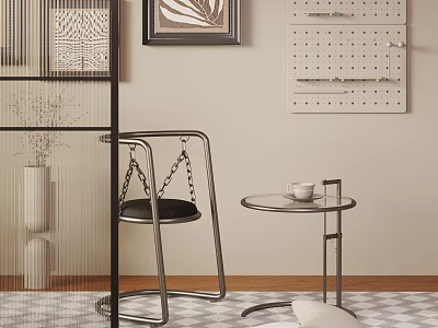 Modern Leisure Chair With Metal Frame Black Cushion And Side Glass Table On Grid Floor 3d model