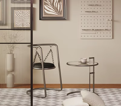 Modern Leisure Chair With Metal Frame Black Cushion And Side Glass Table On Grid Floor 3d model