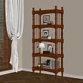 Traditional Wooden Bookshelf In Living Room With Books Photo Frames Lamp And Decorations