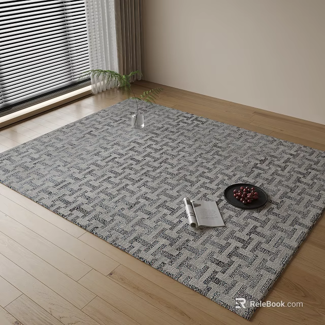 Square Rug with Geometric Pattern on Wooden Floor Featuring Fruit Plate Magazine and Glass 3d model 