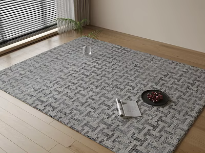 Square Rug with Geometric Pattern on Wooden Floor Featuring Fruit Plate Magazine and Glass 3d model