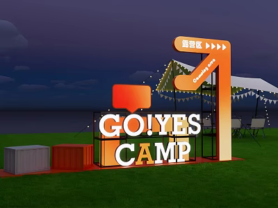 GO YES CAMP Illuminated Sign In Grassy Camping Area With Tent And Evening Sky 3d model