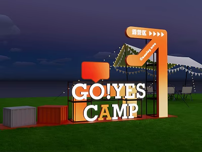 GO YES CAMP Illuminated Sign In Grassy Camping Area With Tent And Evening Sky 3d model