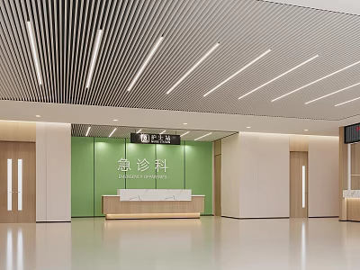 Modern Emergency Department Lobby With Green Wall Reception Desk And Linear Lights 3d model