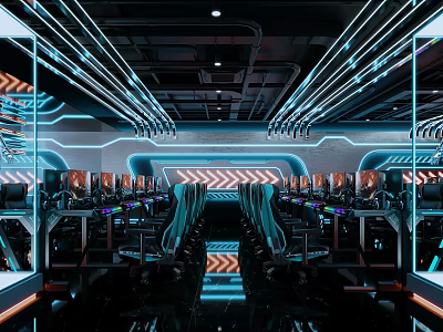 Modern Cyber Cafe Interior With Gaming Computers Neon Lights And Comfortable Chairs 3d model