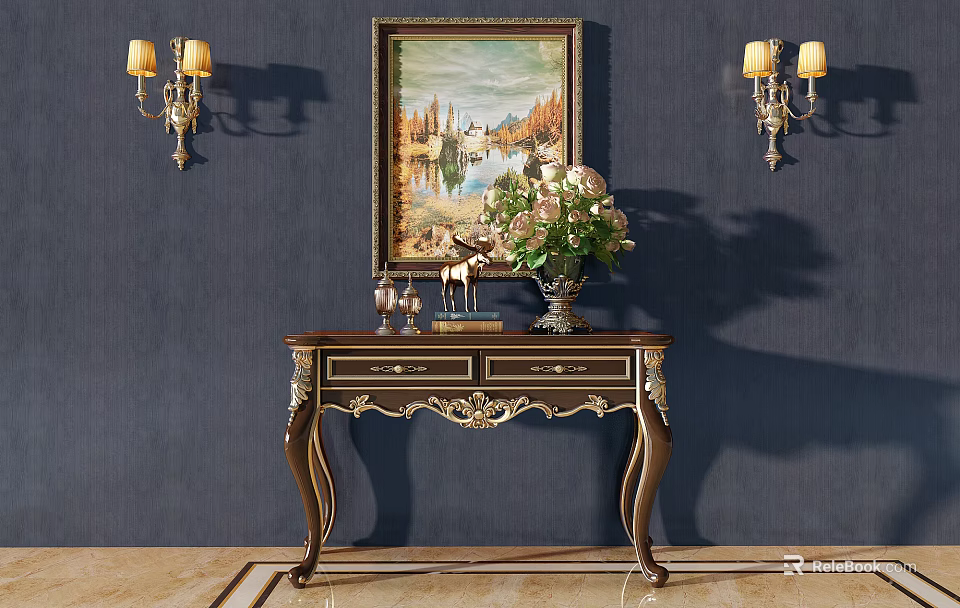 Elegant Console Table With Ornate Wooden Design And Decorative Painting On Navy Blue Wall 3d model 