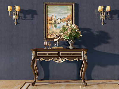 Elegant Console Table With Ornate Wooden Design And Decorative Painting On Navy Blue Wall 3d model