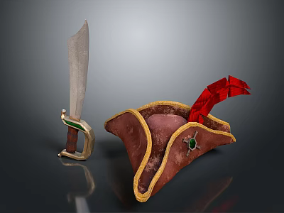 Brown Leather Pirate Hat With Red Feather And Metal Sword With Green Gem Handle 3d model