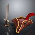 Brown Leather Pirate Hat With Red Feather And Metal Sword With Green Gem Handle
