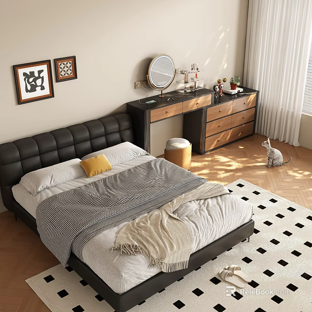 Modern Bedroom Interior With Black Leather Headboard Yellow Cushion Gray Beige Blankets And Checkered Rug 3d model 