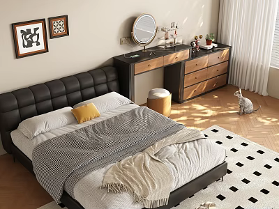 Modern Bedroom Interior With Black Leather Headboard Yellow Cushion Gray Beige Blankets And Checkered Rug 3d model