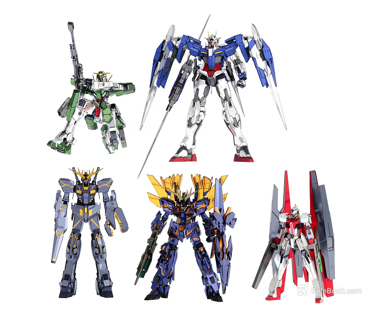 Various Gundam Model Action Figures With Different Color Schemes And Weapons 3d model
