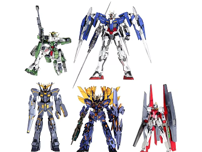 Various Gundam Model Action Figures With Different Color Schemes And Weapons 3d model