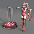 Anime Game Character With Pink Twin Tails Red Bodysuit Black Thigh High Socks And Metal Cage