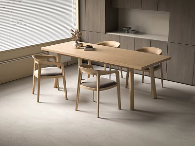Modern Minimalist Dining Table Set With Light Wood And Four Simple Chairs In Kitchen Interior 3d model