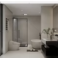 Modern Bathroom Interior With Glass Door Shower Free Standing Bathtub Vanity Toilet And Potted Plant