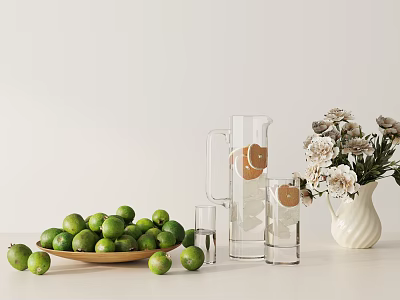 Tabletop Decorative Ornament Set With Limes Wooden Plate Transparent Jug Glass Cups And White Flowers 3d model