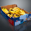 Fresh Ripe Bananas in an Open Cardboard Box with Torn Edges and Stickers