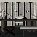 Traditional Chinese Tea Room Interior With Wooden Tables Stools Ceramic Teaware And Lattice Screens