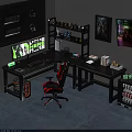 Gaming Desk Setup With Dual Monitors Green Lighting Headphones On Wall And Ergonomic Chair