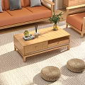 Natural Wooden Coffee Table With Drawers Decorative Items And Wicker Stools In Cozy Living Room