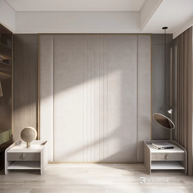 Light Gray Bedroom Accent Wall With Vertical Stripes Wooden Trim And Bedside Tables 3d model 