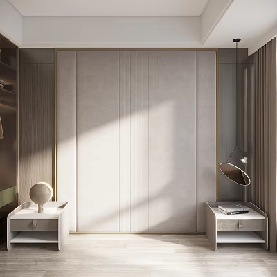 Light Gray Bedroom Accent Wall With Vertical Stripes Wooden Trim And Bedside Tables 3d model