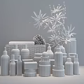 Stylish Bathroom Accessories Including Toiletries Bottles Jars Green Plant And Storage Basket