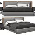 Modern Double Bed With Gray Beige Headboard White Pillows Dark Blanket Black Nightstands Table Lamps