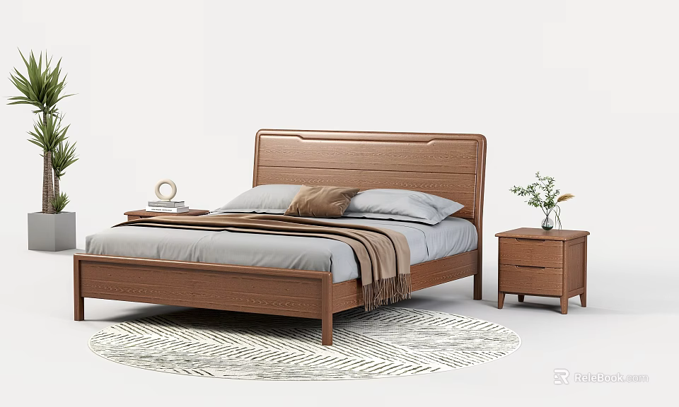 Wooden Double Bed with Gray Sheets Pillows Brown Blanket Nightstand Vase and Round Geometric Rug 3d model 