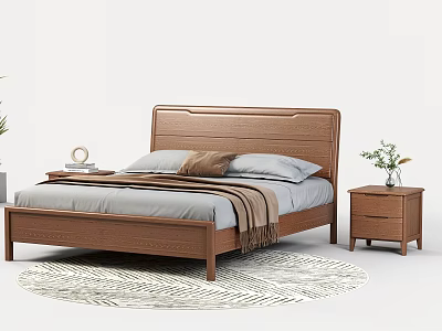 Wooden Double Bed with Gray Sheets Pillows Brown Blanket Nightstand Vase and Round Geometric Rug 3d model