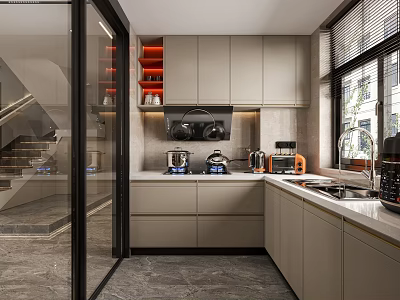 Modern Kitchen Interior With Gray Cabinets Countertop Appliances And Window View 3d model
